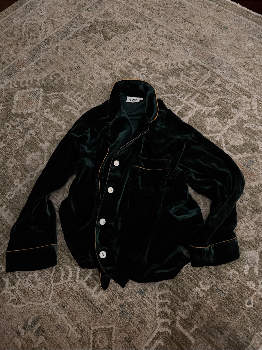 Sleepy Jones Dark Green Velvet Pajama Top with Gold Piping
